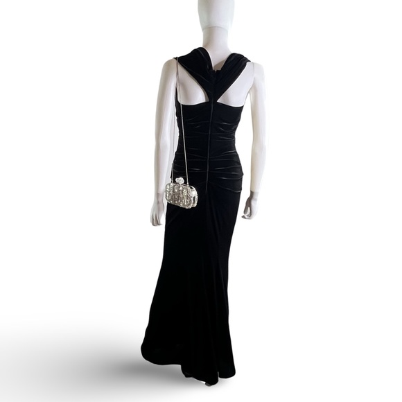 Talbot Runhof | Velvet Curve Hugging Draped Off Shoulder Evening Gown Small - Picture 5 of 10